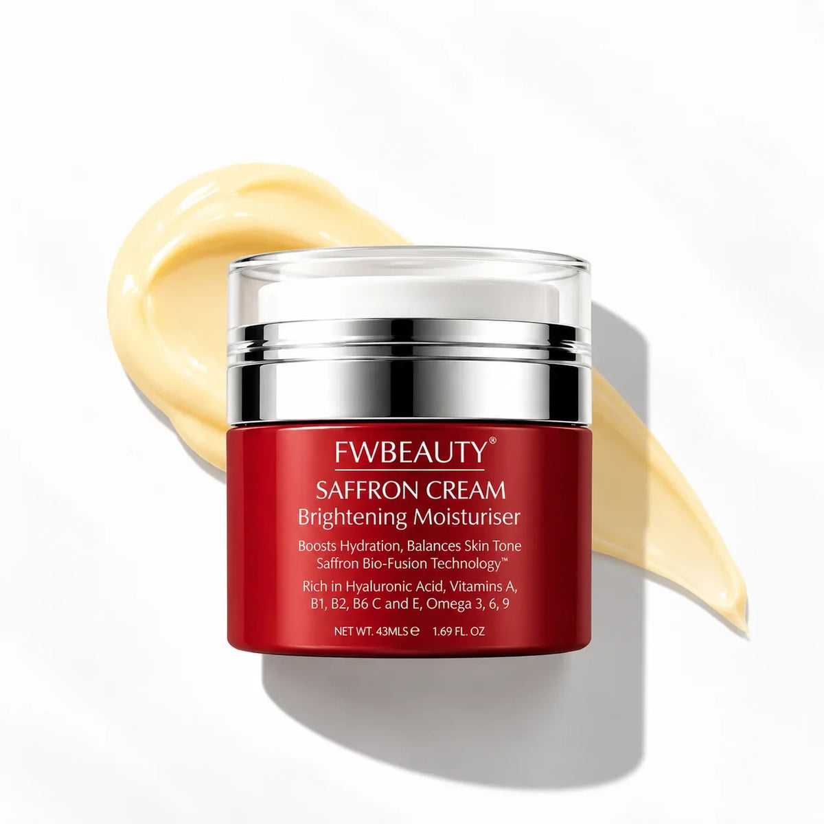 FWBEAUTY Saffron Cream Brightening Moisturiser in a red jar with chrome lid and cream swatch