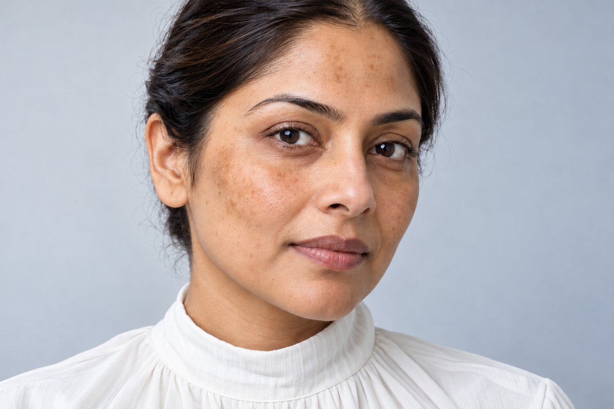 AI-generated editorial portrait of a South Asian woman in her early thirties with uneven facial pigmentation; not a treatment result