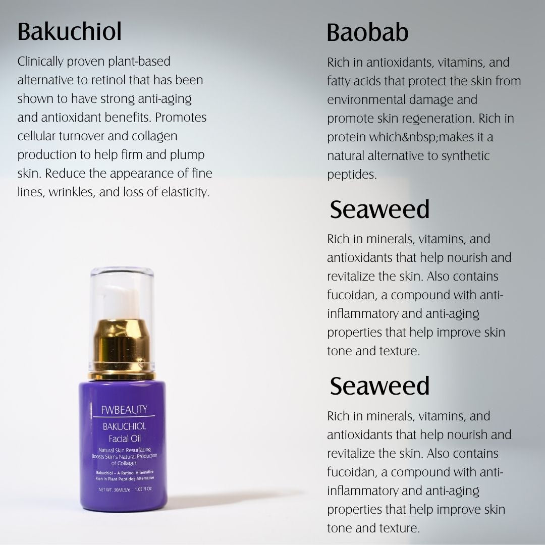 Bakuchiol facial oil retinol alternative with added Lupin Peptides.   Purple cosmetic 30ml bottle with gold neck, white pump nozzle and clear cap.  with 'FWBEAUTY' branding against a light grey back ground. black text. 