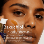 model  head shot with warm honey coloured oil product pumped onto her cheek, with a purple cosmetic bottle gold neck and white pump nozzle held close to her cheek.  with white righting across the bottom half of her face. 