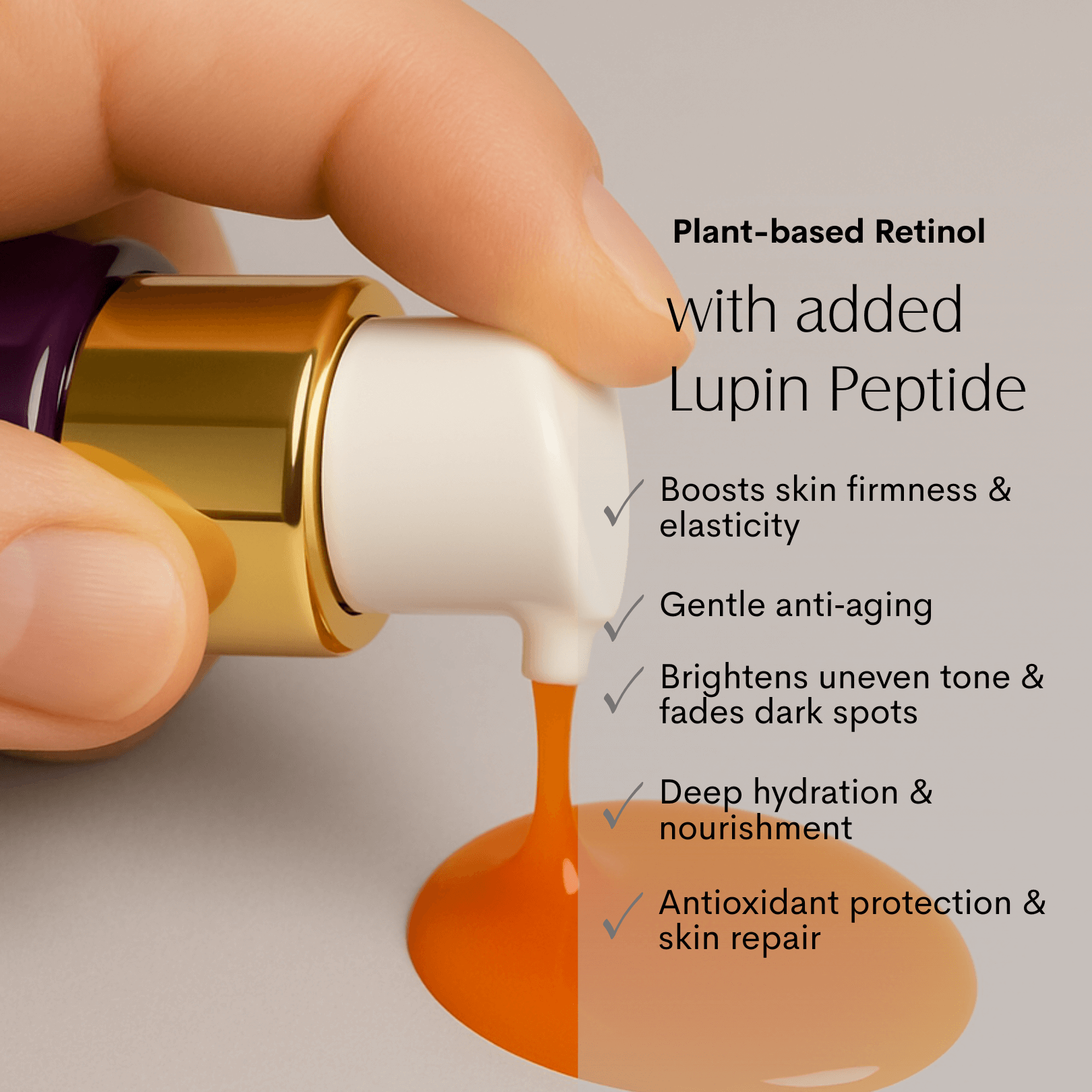 Bakuchiol facial oil retinol alternative with added Lupin Peptides.      a cosmetic bottle,  pump demonstration showing warm honey coloured product on light grey background, with black righting. 