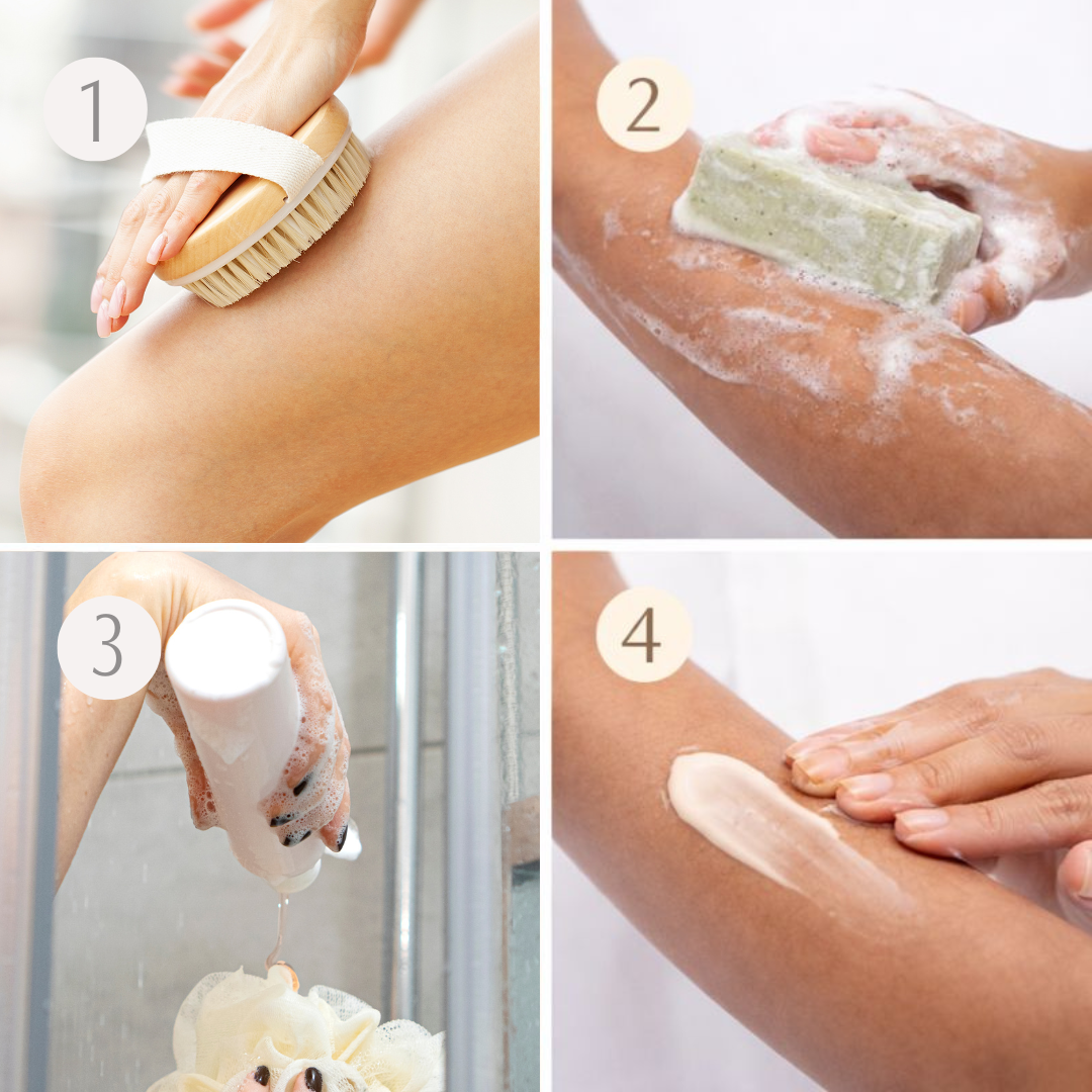 Step-by-step process of exfoliating and moisturizing skin with a brush, soap, and lotion.
