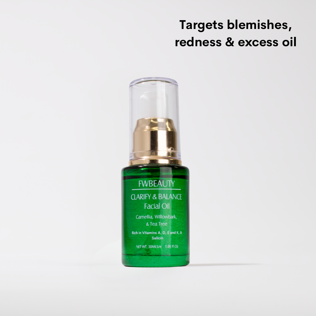 Clarify & Balance Facial Oil FWBEAUTY. - Targets blemishes redness and excess oil.  Green glass cosmetic 30 ml bottle with gold neck, white pump nozzle and clear lid cap.  white right with 'FWBEAUTY' branding on off white back ground.  