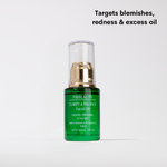 Clarify & Balance Facial Oil FWBEAUTY. - Targets blemishes redness and excess oil.  Green glass cosmetic 30 ml bottle with gold neck, white pump nozzle and clear lid cap.  white right with 'FWBEAUTY' branding on off white back ground.  
