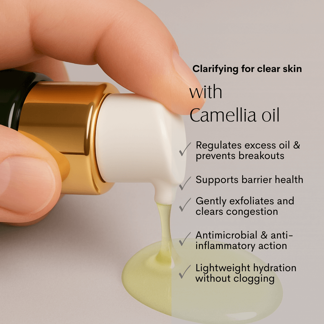 Clarify & Balance Facial Oil FWBEAUTY. - Targets blemishes redness and excess oil. cosmetic bottle, bump demonstration with light yellow coloured oil product, on off white back ground with black text high lighting  product benefits. 