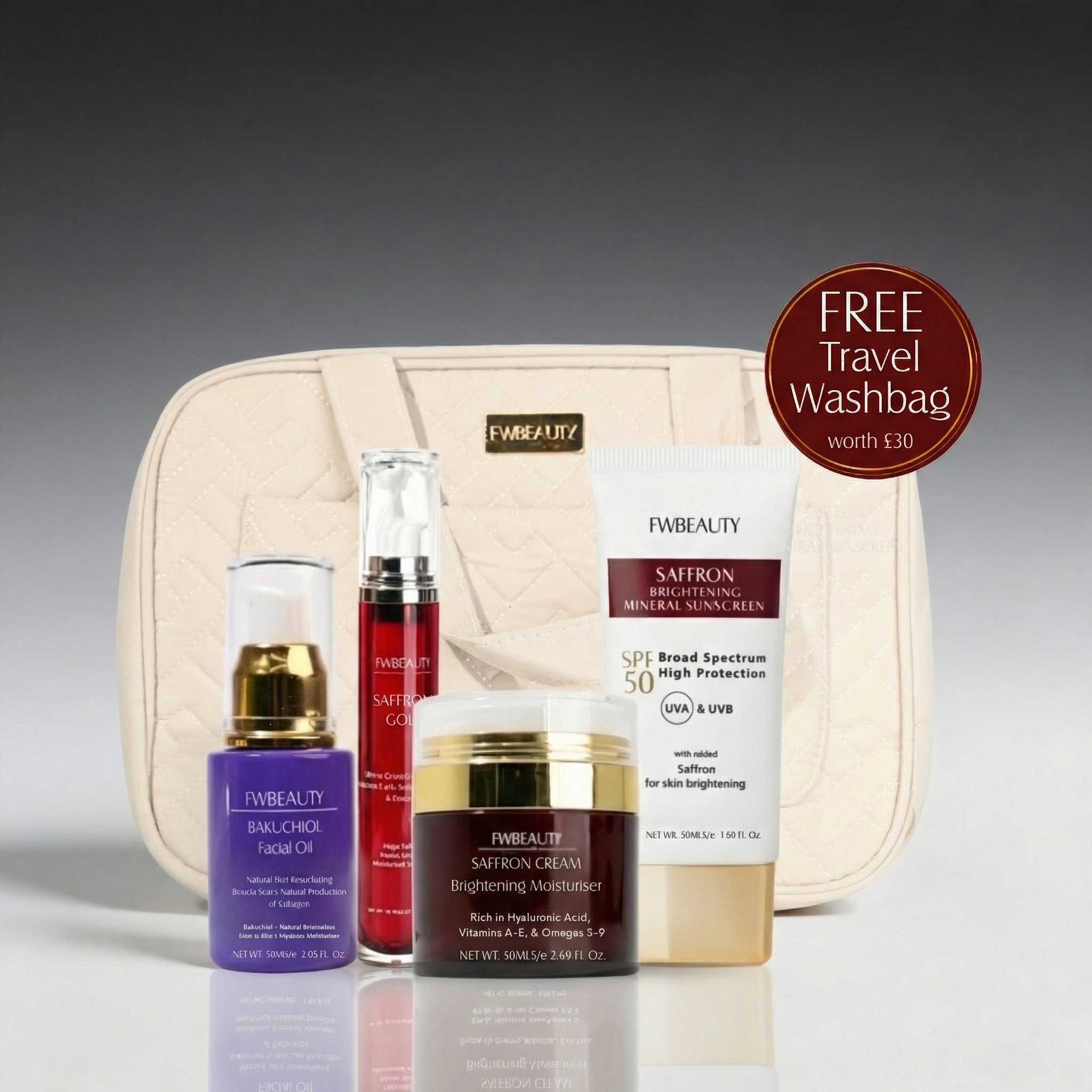 Skincare set from fwbeauty laid out in front of washbag. 