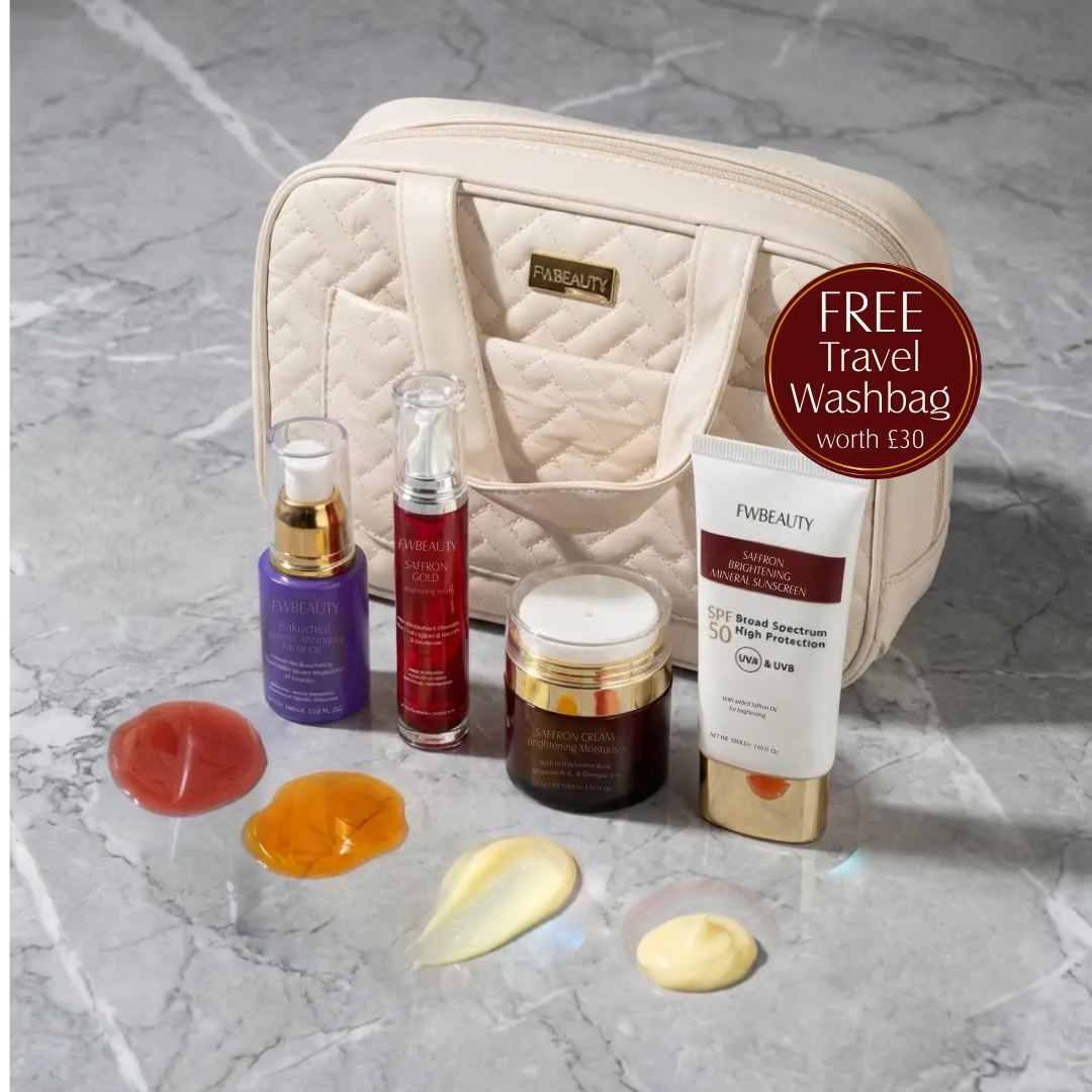 Set of skincare products with a free travel washbag on a marble surface swatches of skincare