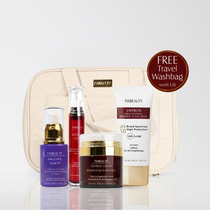 Fw Beauty skincare products with a free travel washbag offer on a white background