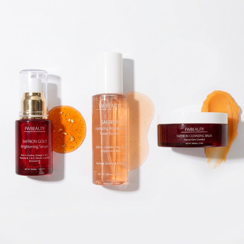 Pw Beauty skincare products including serum, cleanser, and balm on a white background