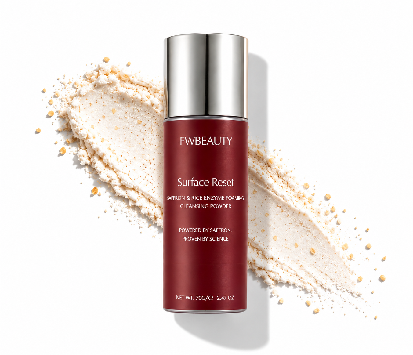 FWBEAUTY Surface Reset Cleansing Powder in a dark red cylindrical bottle with a silver cap, set against a white background with a decorative smear of the beige powder behind it.