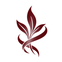 A stylized dark burgundy leaf logo or emblem centered on a plain white background.