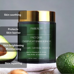 Face Ghee Skin barrier repair balm. FWBEAUTY 
green glass cosmetic jar with gold lid, 'FWBEAUTY' Branding, accompanied by open avocado's on a grey back ground. with white text.