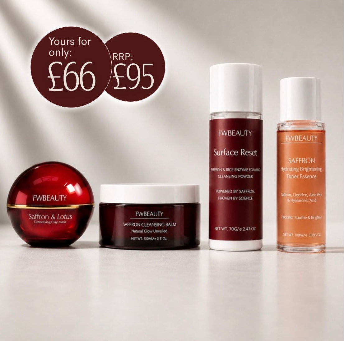 Four FWBEAUTY skincare products arranged on a light beige studio background with draped shadows: a dark red spherical bottle, a dark jar with white lid, a tall white bottle with dark red label, and a tall white bottle with amber liquid and label. Two dark brown circular price callouts read 'Yours for only: £66' and 'RRP: £95.