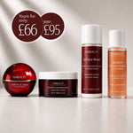Four FWBEAUTY skincare products arranged on a light beige studio background with draped shadows: a dark red spherical bottle, a dark jar with white lid, a tall white bottle with dark red label, and a tall white bottle with amber liquid and label. Two dark brown circular price callouts read 'Yours for only: £66' and 'RRP: £95.