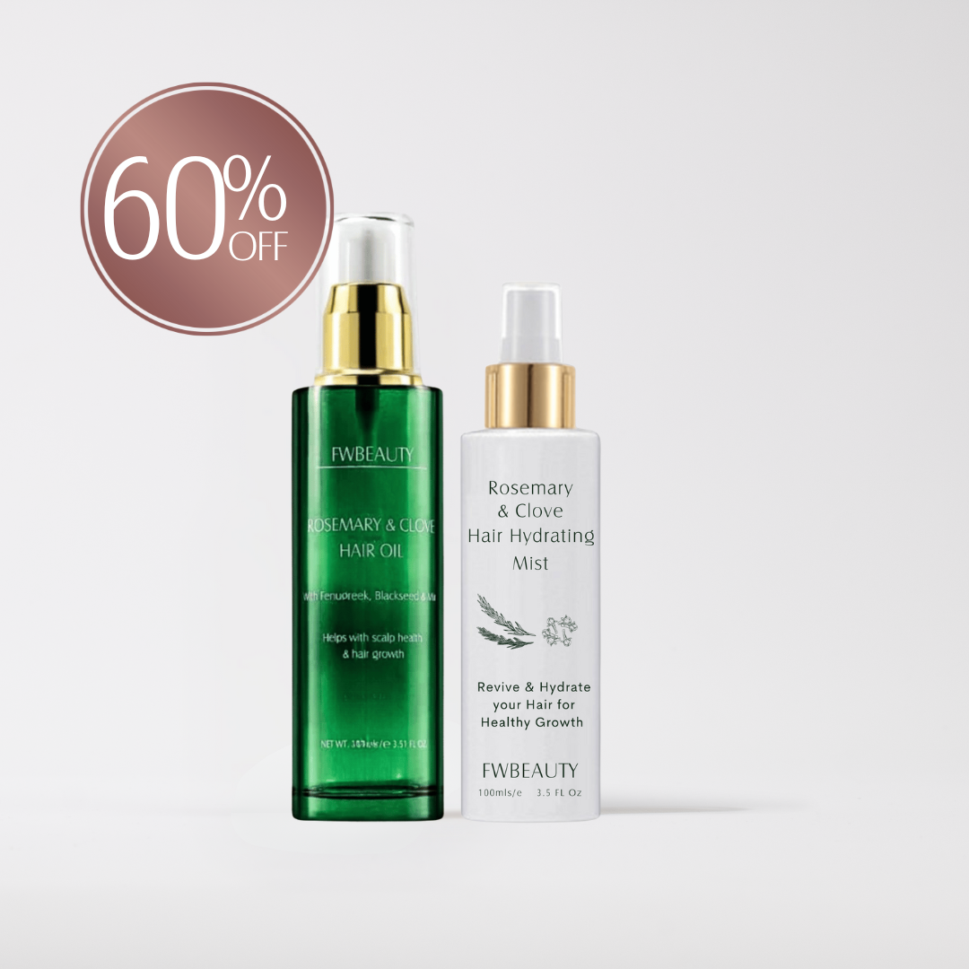 Two hair care products, a green bottle and a white bottle, with a discount label on a light gray background.