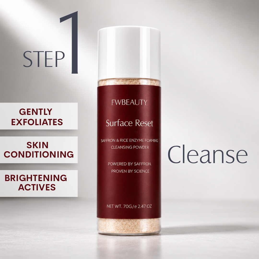 FVBeauty Surface Reset cleansing powder bottle on a gray background