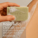 Hand holding a bar of soap with 'FW Beauty' branding, skin improvement