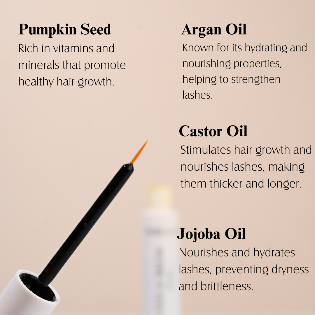 Lash & Brow pumpkin seed Argan oil castor oil jojoba oil FWBEAUTY 
black cosmetic applicator, black text on light pink back ground. 