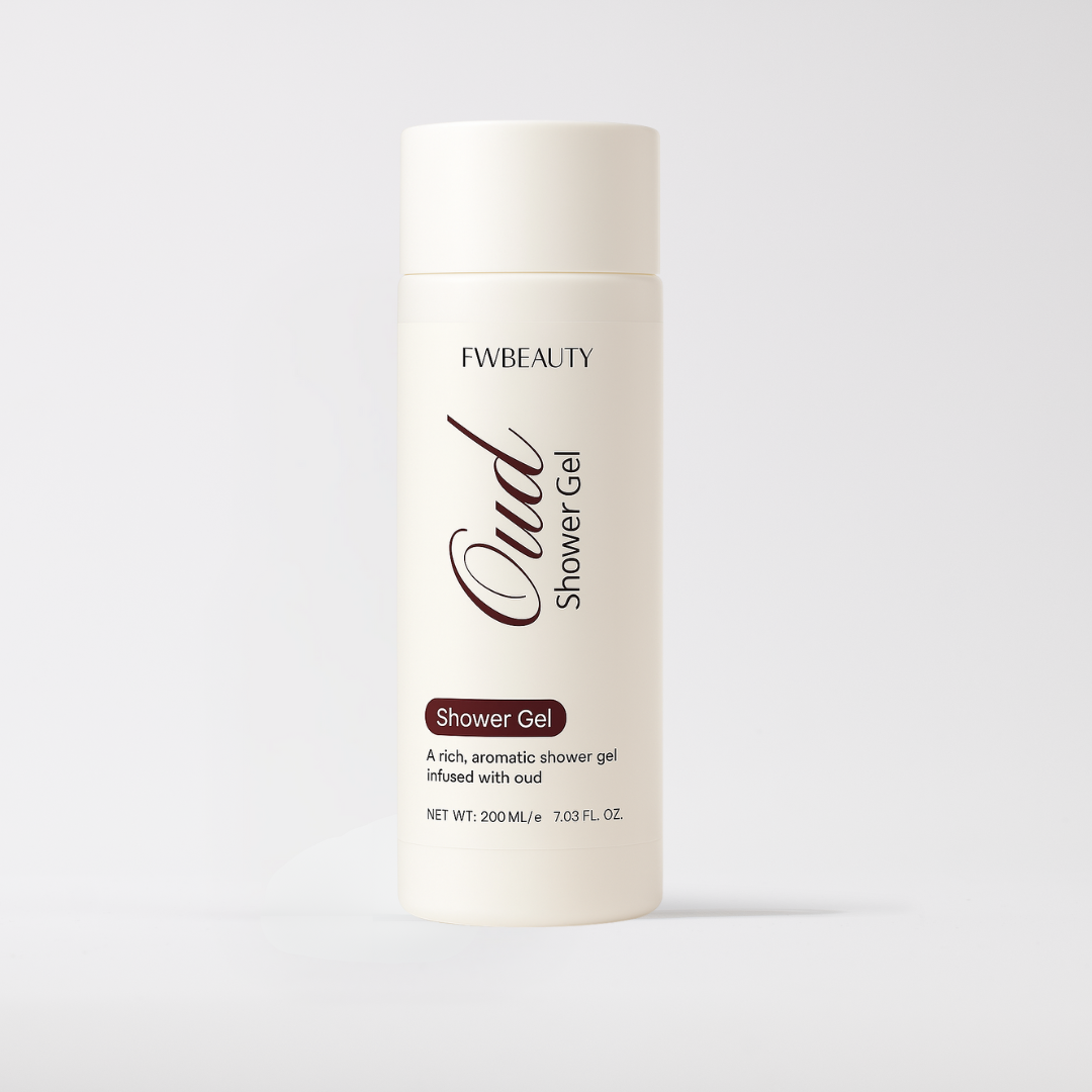 Oud_Shower_Gel_FWBEAUTY
white cosmetic bottle with 'FWBEAUTY' branding on whit back ground. 