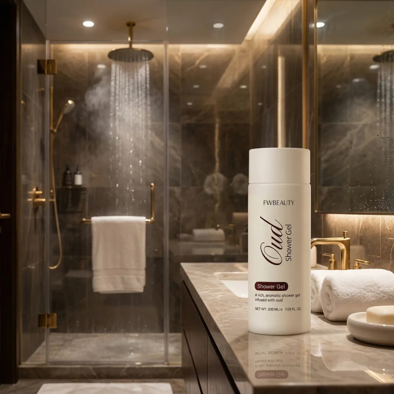 FVBEAUTY Cud Shower Gel bottle on a bathroom counter with a shower in the background