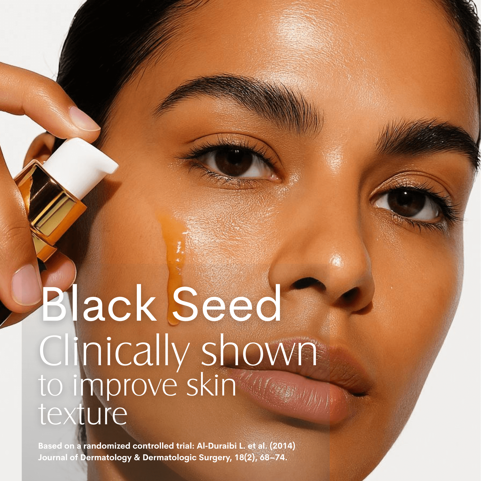Person applying black seed product to face with text about skin texture improvement.
