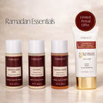 Set of FW Beauty saffron skincare products with a sunscreen tube on a beige background, labeled 'Ramadan Essentials' with a 'Limited Period Offer' badge.