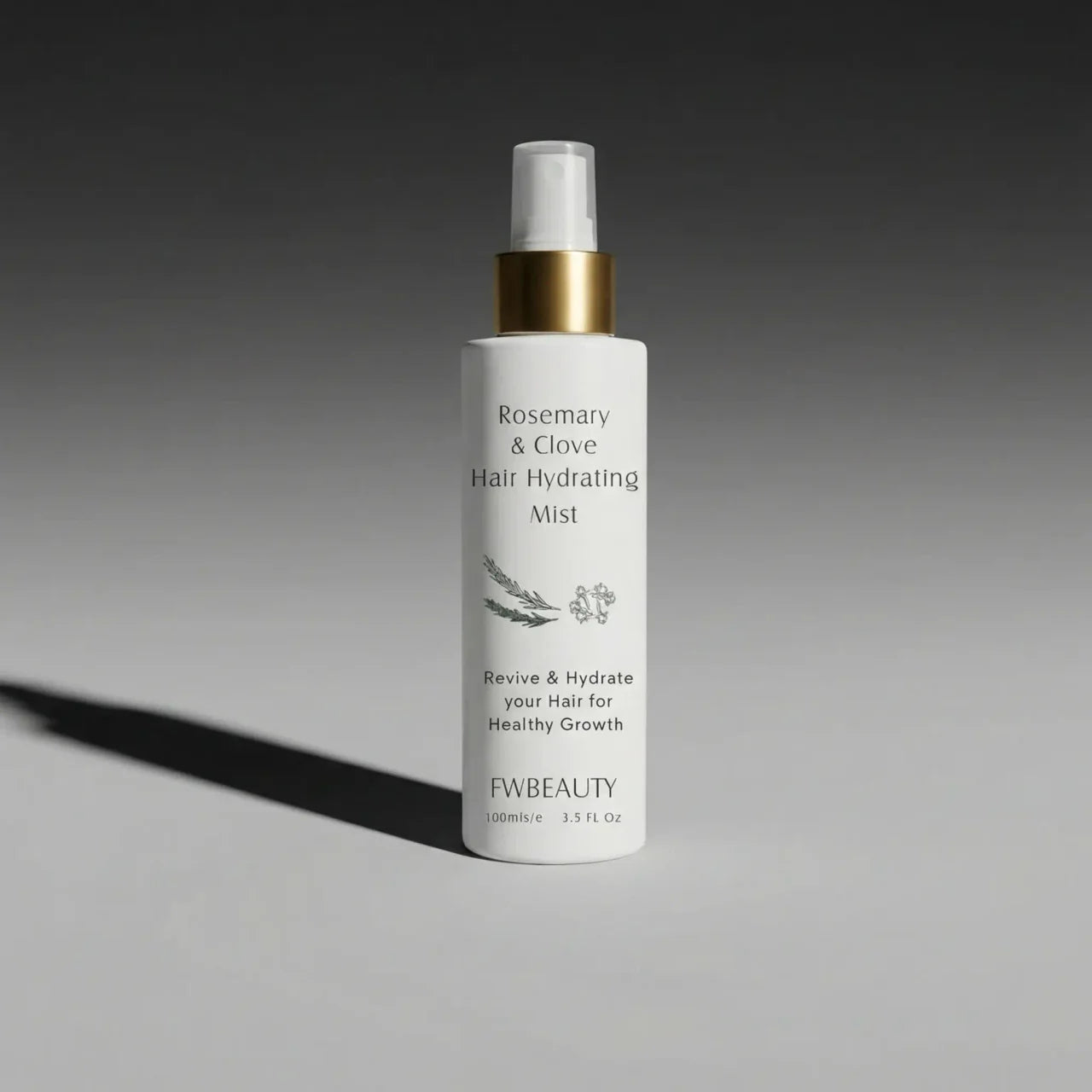 White bottle of FW Beauty Rosemary & Clove Hair Hydrating Mist on a gray background