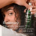 Person holding a bottle of Rosemary & Clove hair oil with text about its effectiveness.