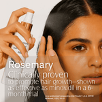 Woman applying hair product with text about Rosemary clinically proven for hair growth.
