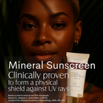 Person holding a tube of mineral sunscreen with text about its benefits.