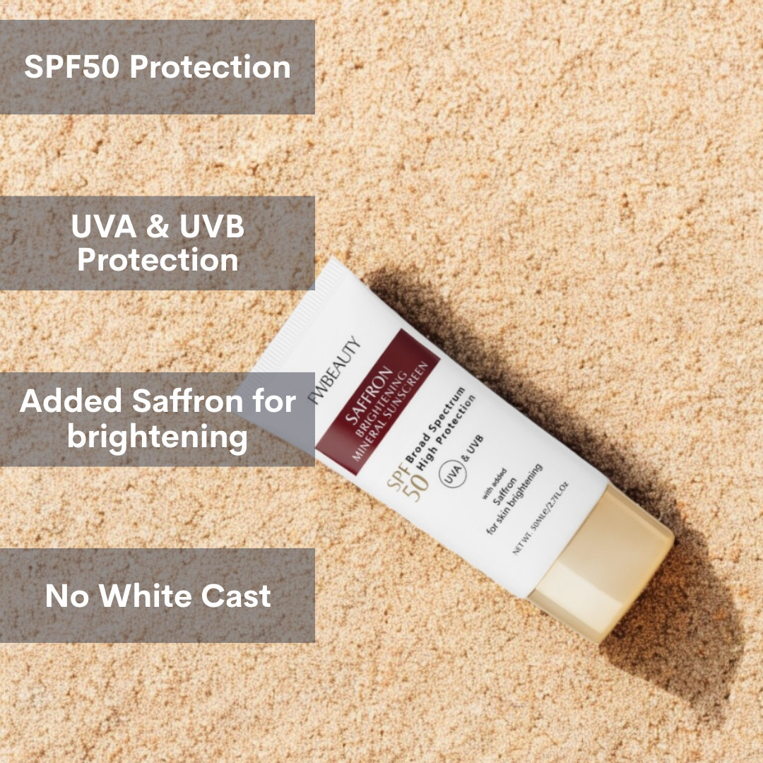 Sunscreen stick with text highlighting SPF50 protection, UVA & UVB protection, added saffron for brightening, and no white cast on a beige background.