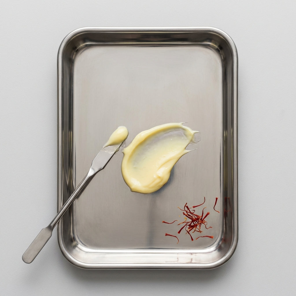Metal tray with a spread of yellow cream, a knife, and saffron on a light gray background