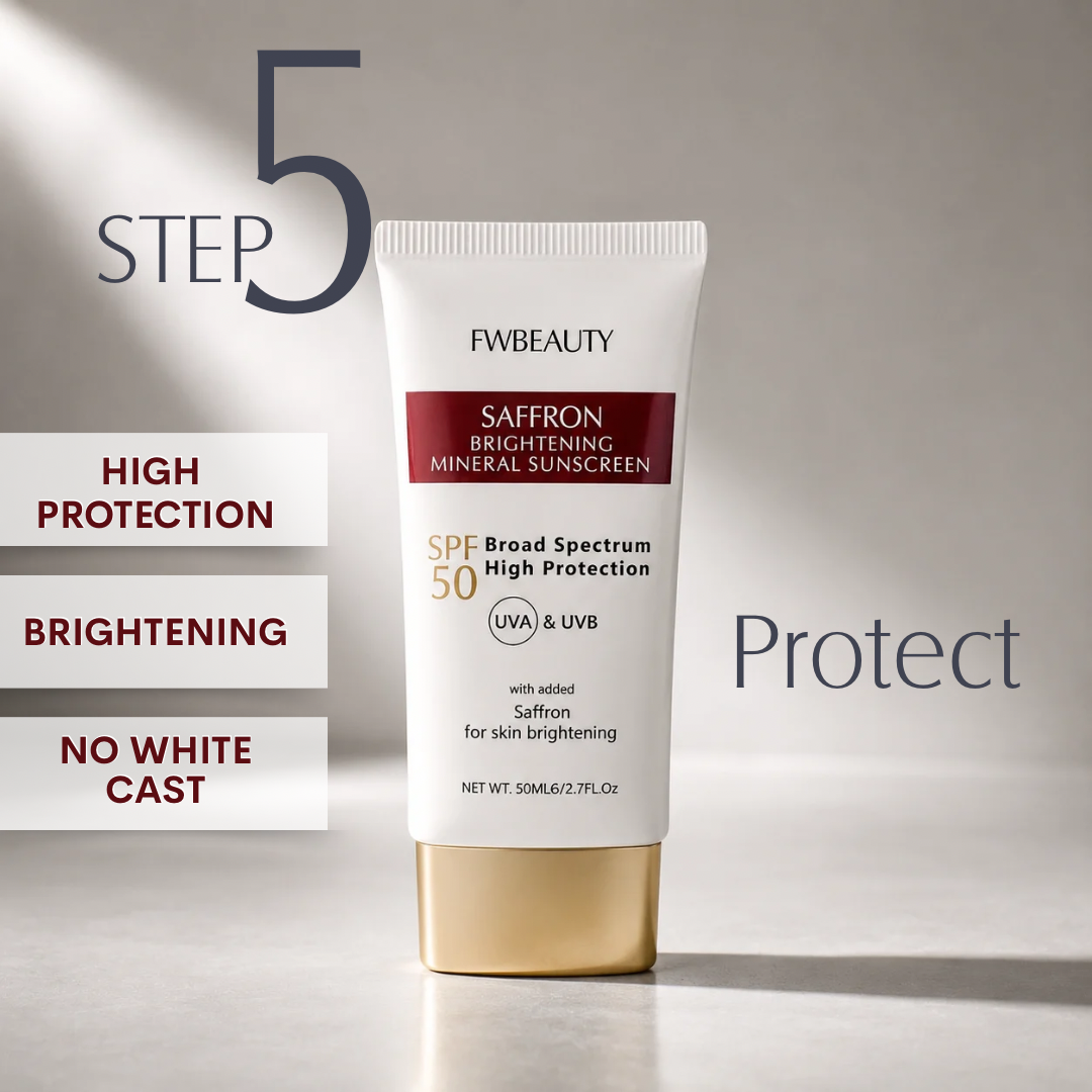 FVBeauty saffron brightening mineral sunscreen tube with step 5 description on a gray background