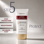 FVBeauty saffron brightening mineral sunscreen tube with step 5 description on a gray background