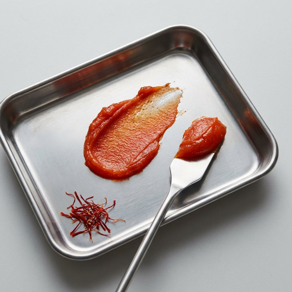 Metal tray with tomato paste, saffron, and a spoon on a light gray background