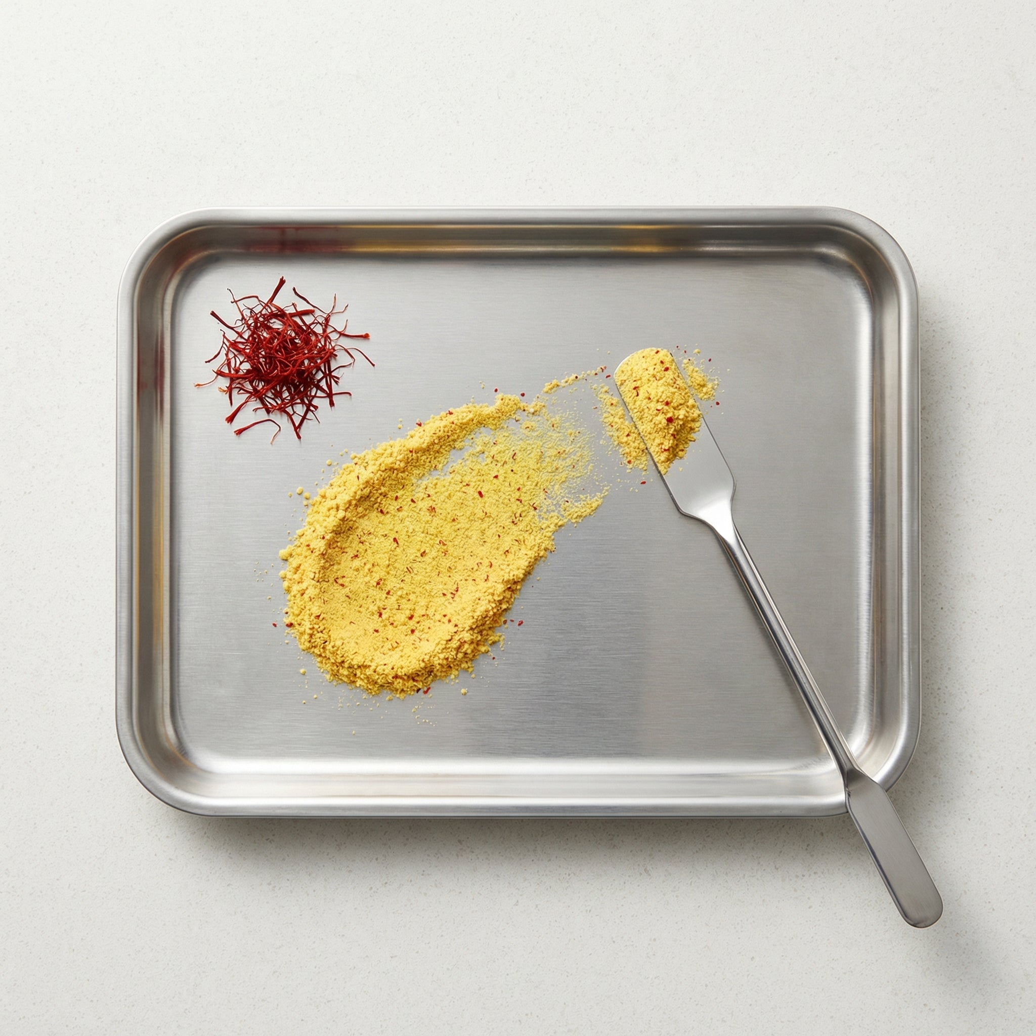 Metal tray with saffron and turmeric on a white background
