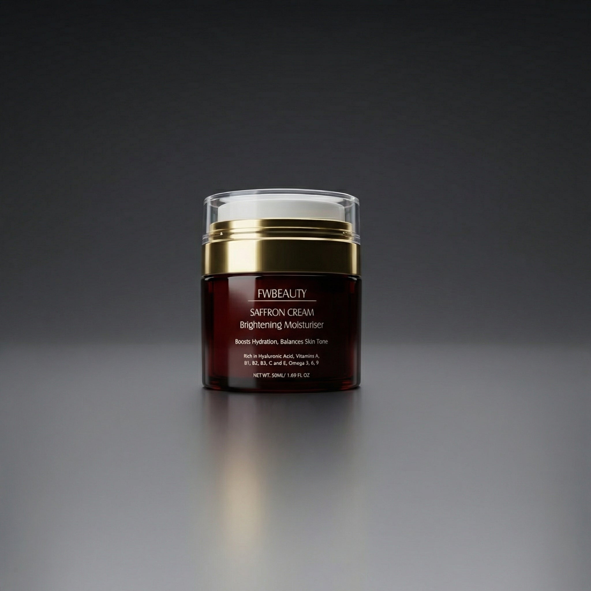 Skincare jar with gold lid on a dark gray background