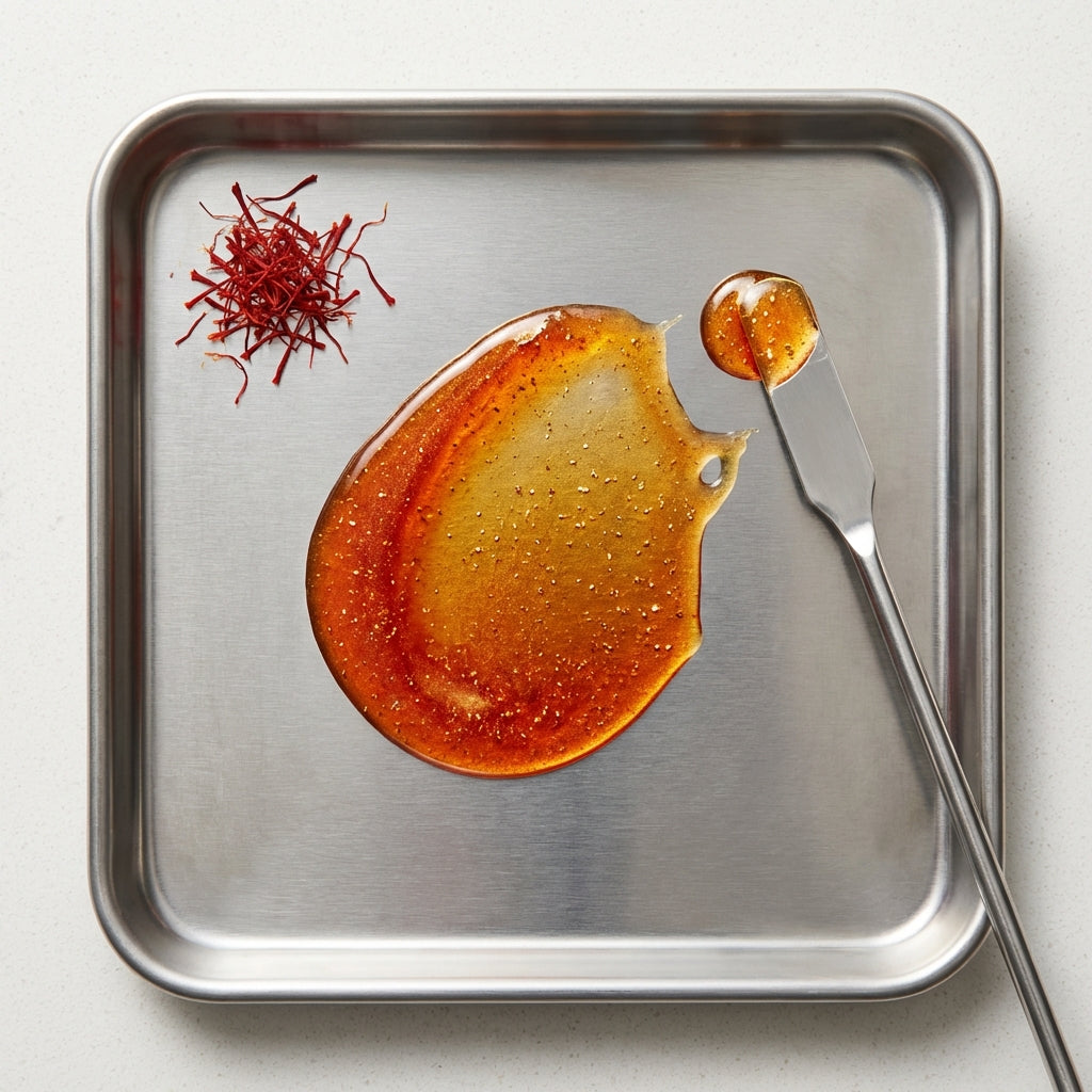 Metal tray with saffron threads and a dollop of saffron-infused oil.