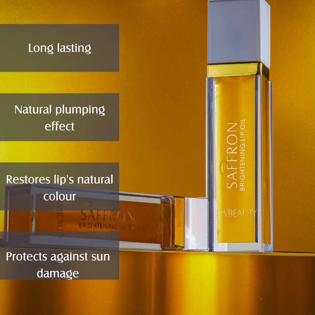 Saffron Lip Oil. FWBEAUTY

two transparent cosmetic tubes contaning orange liquid with 'FWBEAUTY' branding.
on burnt orange background, text badges 'Long lasting' 'Natural plumping effect'  'restores lips natural colour' 'protects against sun damage'