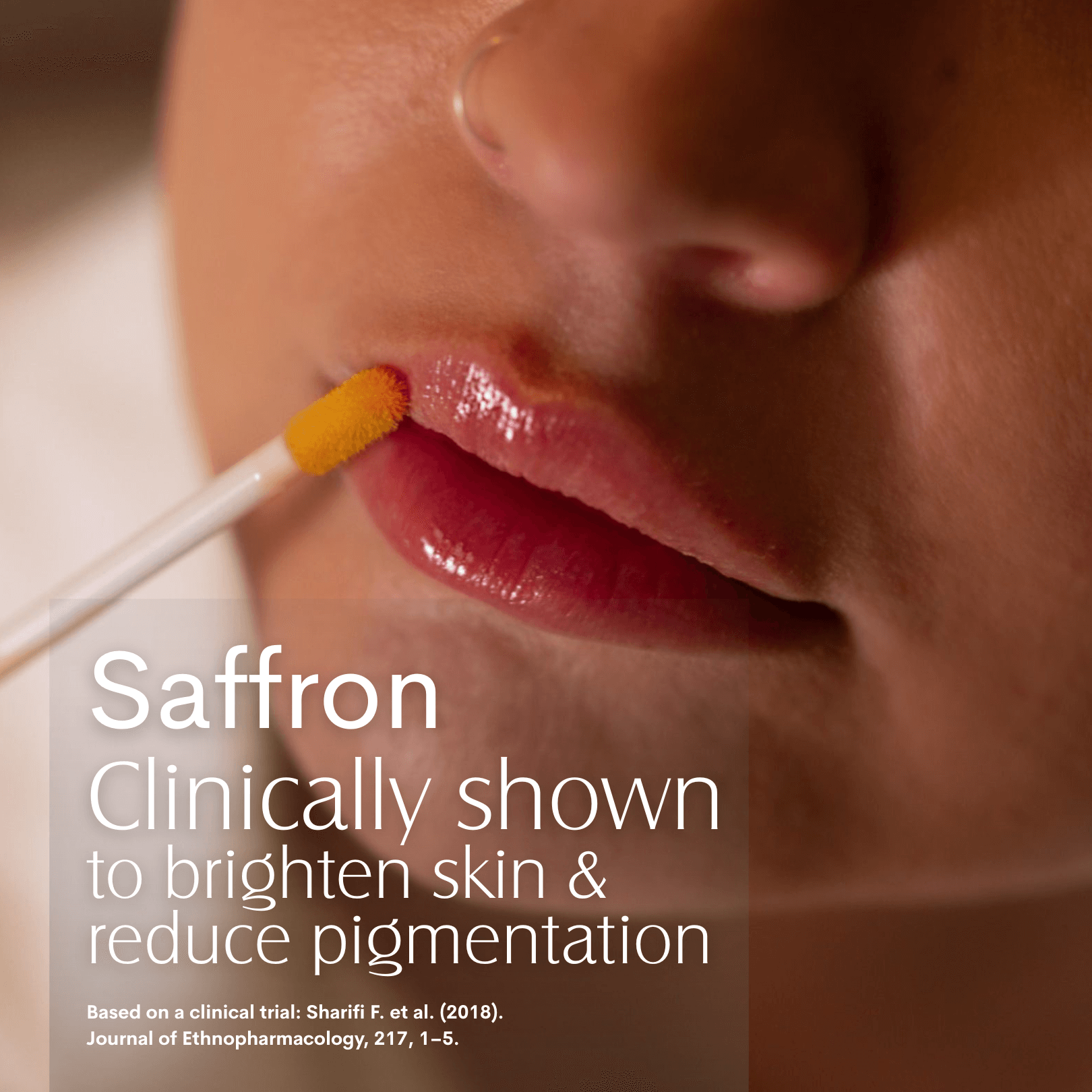 Saffron Lip Oil FWBEAUTY

person applying cosmetic application want to lips, with banner stating Saffron clinically shown to brighten skin and reduce pigmentation. 