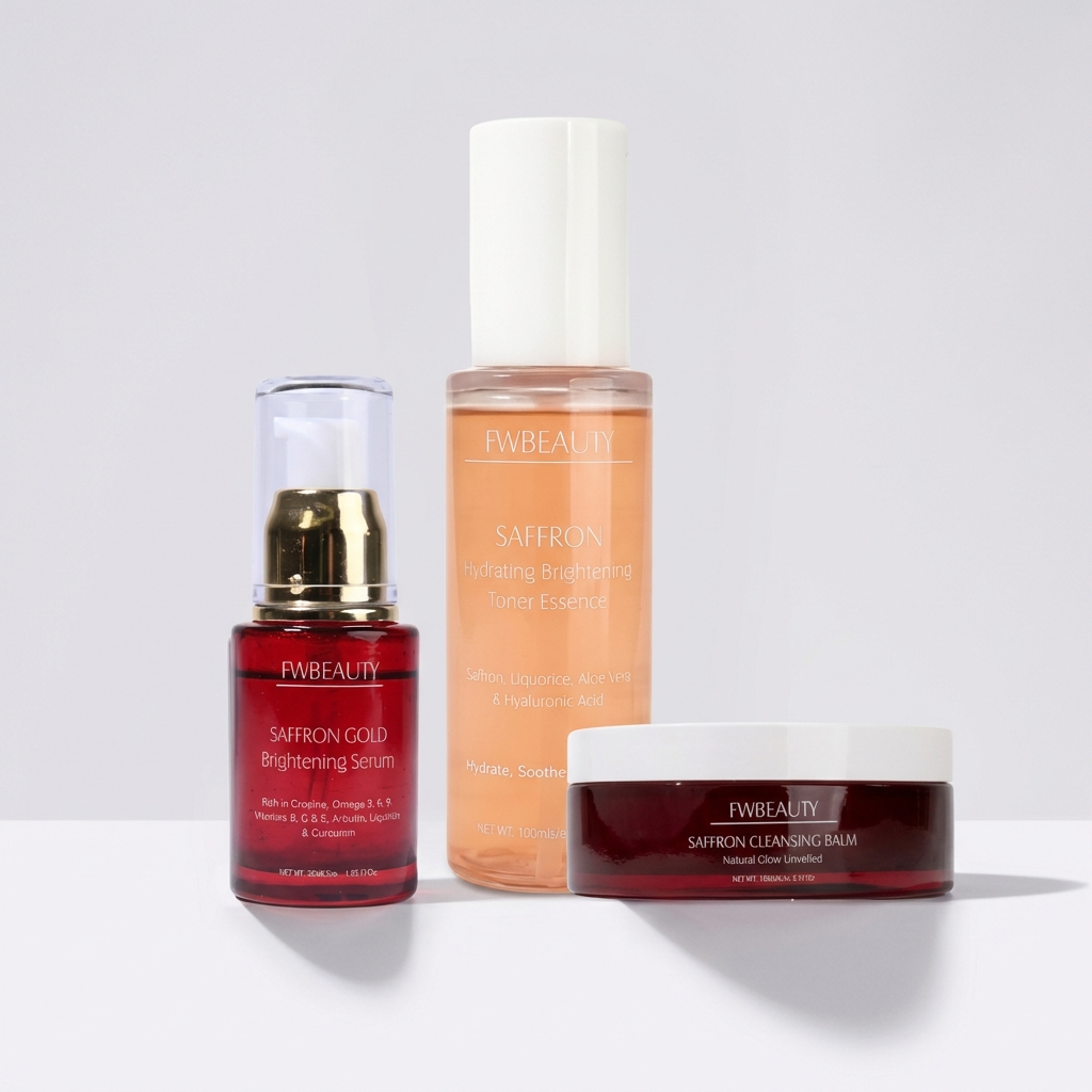 Three skincare products from FWBeauty on a light gray background