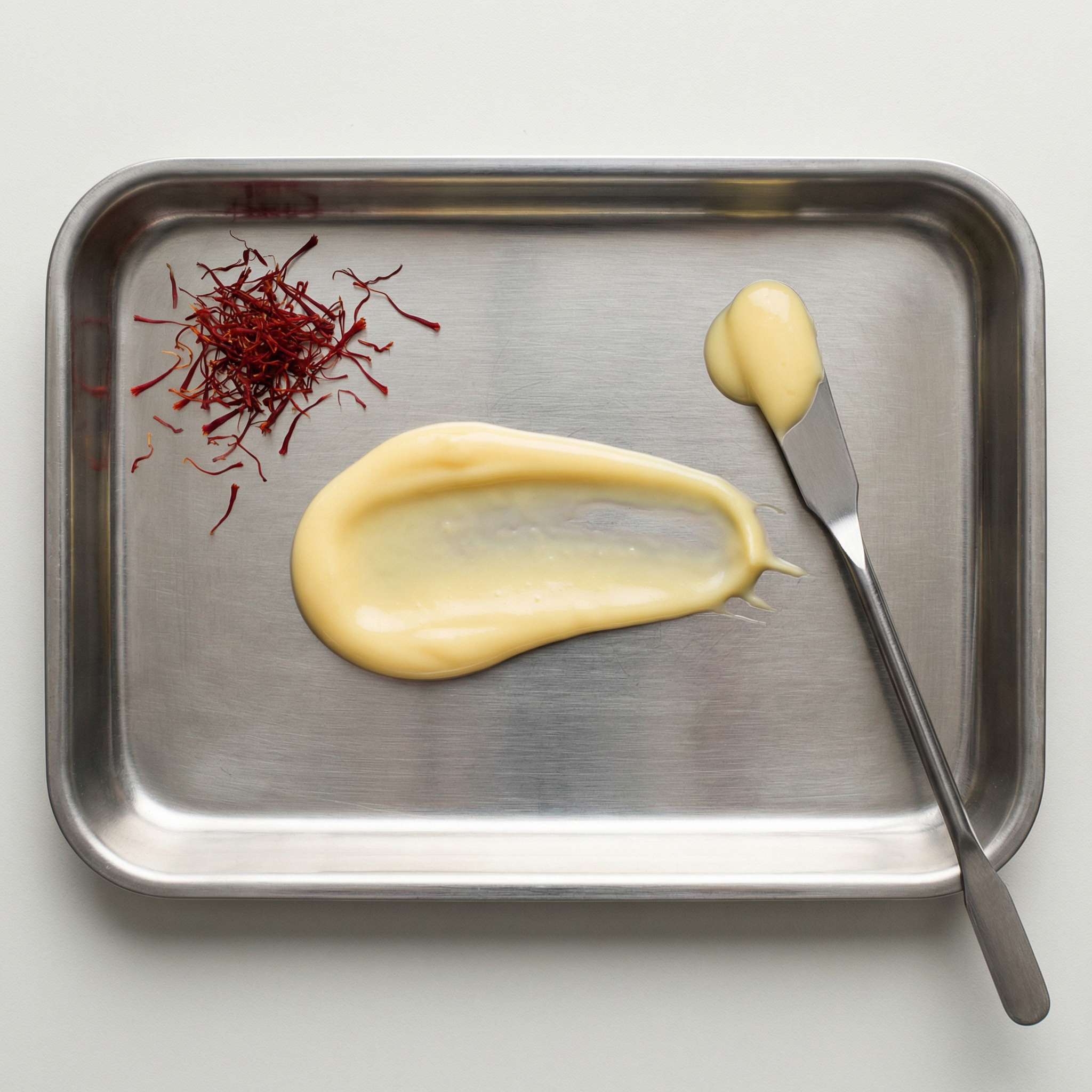 Metal tray with saffron, a dollop of yellow cream, and a knife on a white background