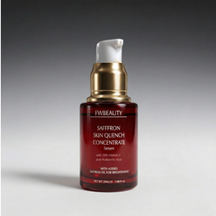 Red serum bottle with gold cap on a gray background