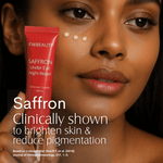 Woman holding a red saffron skincare product with text about skin benefits. Saffron Under Eye Night Repair FWBEAUTY
