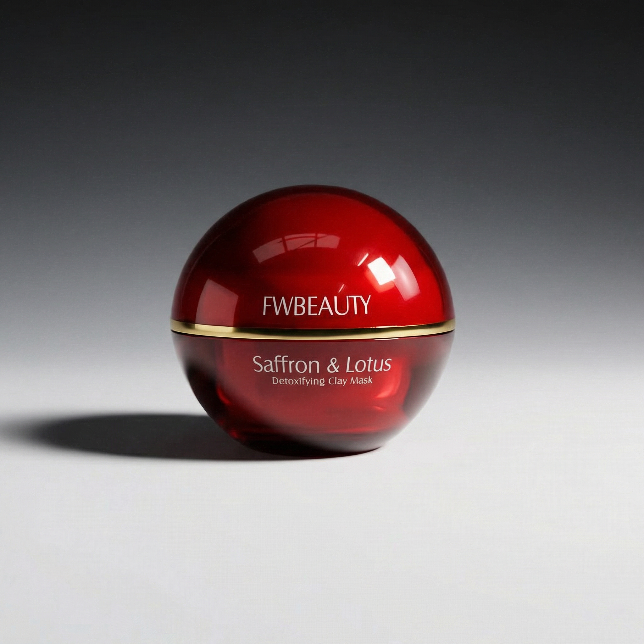 Red jar of FW Beauty Saffron & Lotus Detoxifying Clay Mask on a gray background