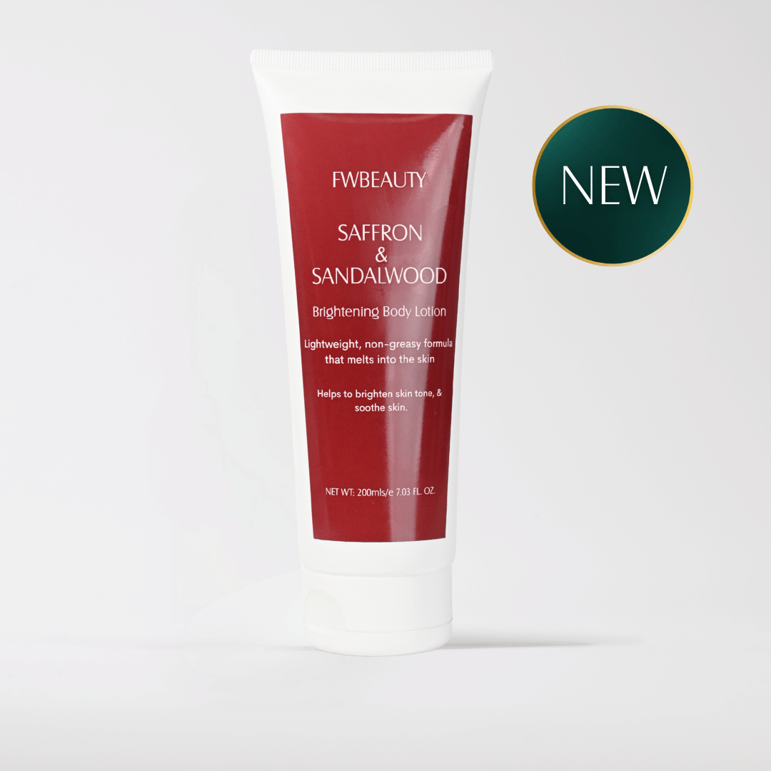 Saffron and Sandalwood Brightening body lotion. FWBEAUTY

Large white cosmetics bottle with red pint and white text. 'FWBEAUTY' BRanding 
large green 'NEW' badge against white background. 

