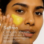 Saffron clear complexion bar FWBEAUTY. 
person applying yellow liquid type product to the skin of their face with white text an a light grey background. 