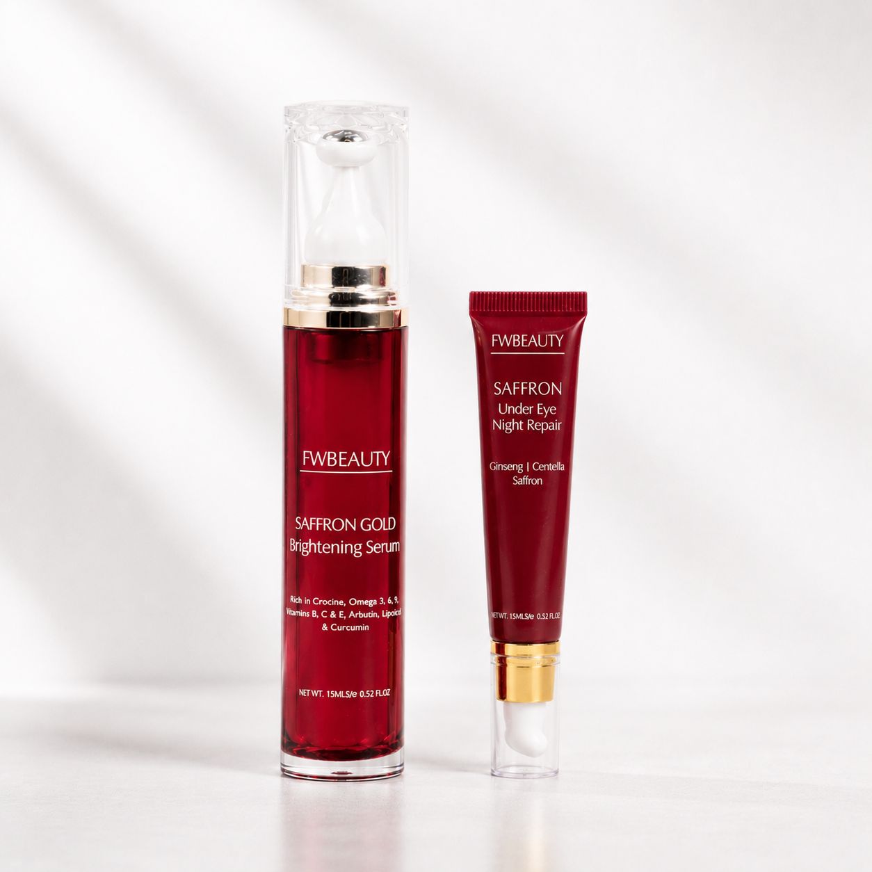 Two red skincare products from FW Beauty on a white background
