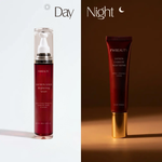 Two skincare products labeled 'Day' and 'Night' with a white and brown background.