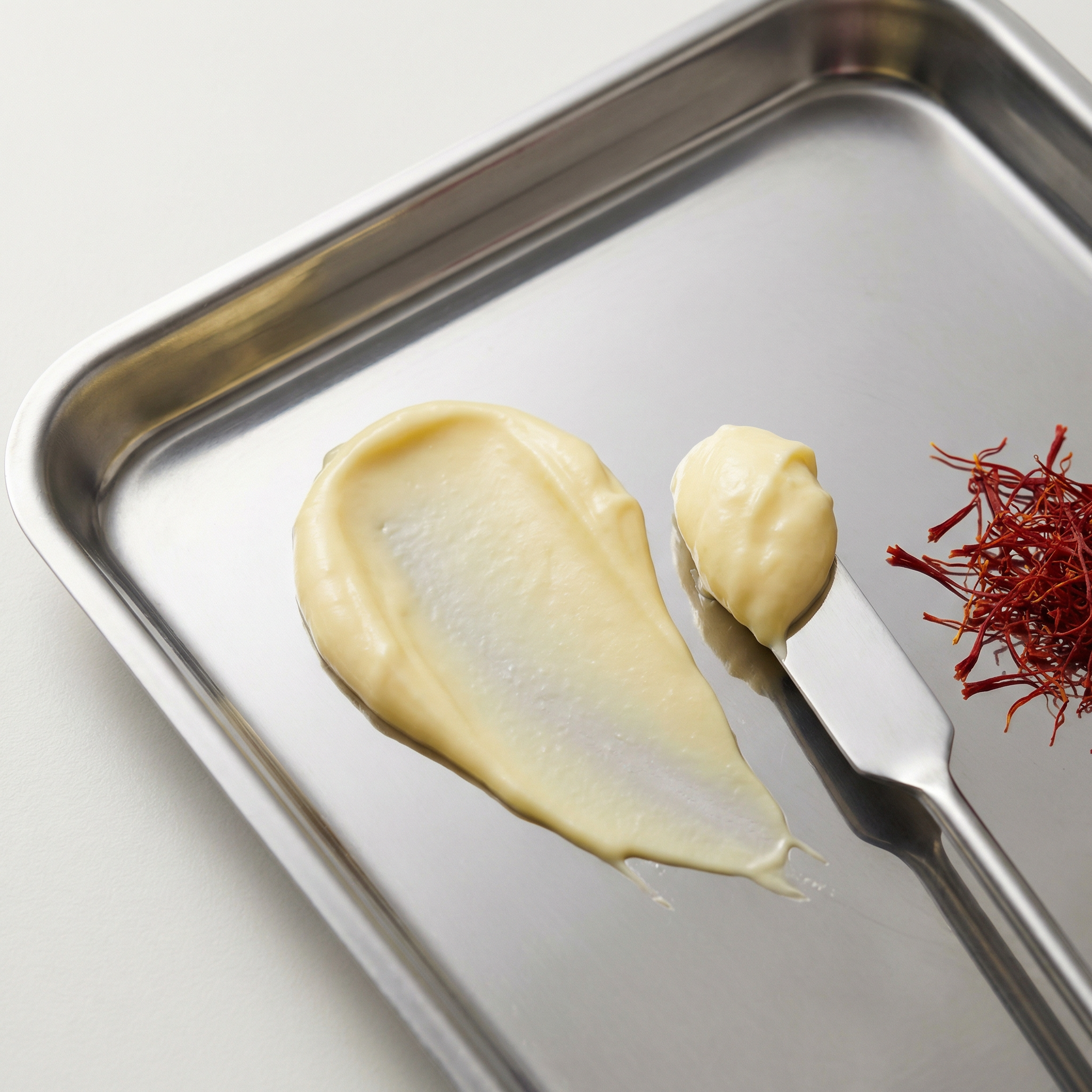 Metal tray with dollops of a creamy substance and saffron strands on a white background